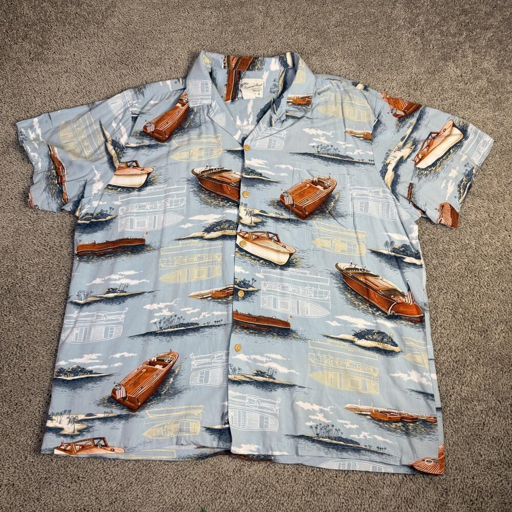 Diamond Head Sportswear Shirt Mens 2XL Blue Boat Print Rayon Button Up